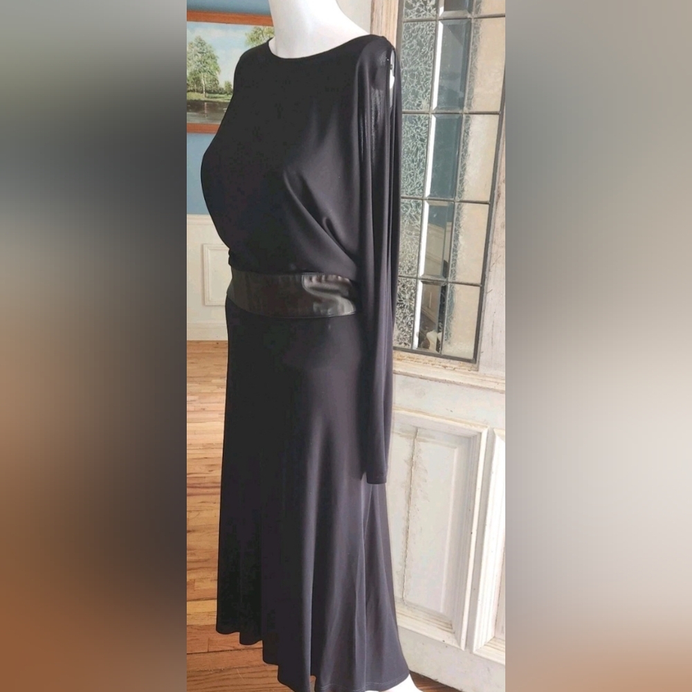 Open Back Cold Shoulder Dress Vtg Moda International Poly Jersey Leather Trim